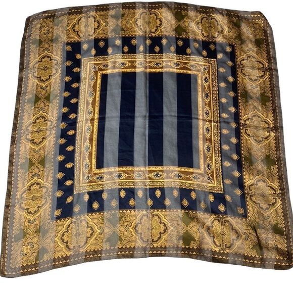 Liz claiborne brown and blue striped and patterned 100% polyester square scarf - Picture 1 of 5